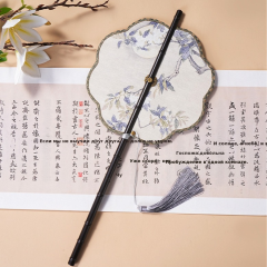 中国风古画长柄紫竹腰扇汉服搭配可折叠旋转长流苏团扇可换扇面