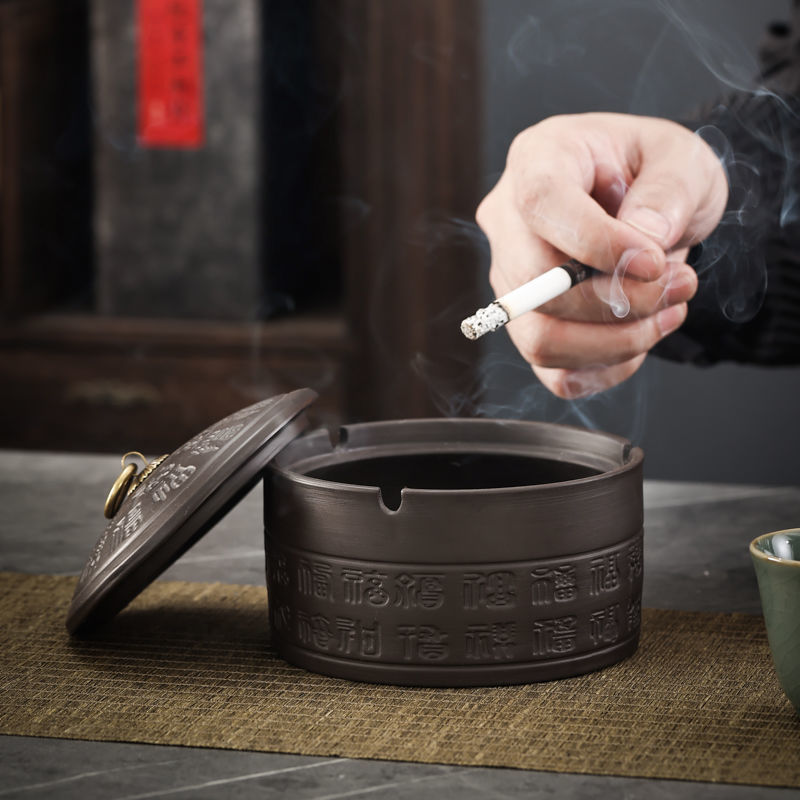 紫砂烟灰缸带盖百福复古高档上档次创意酒店家用客厅茶几防飞灰缸