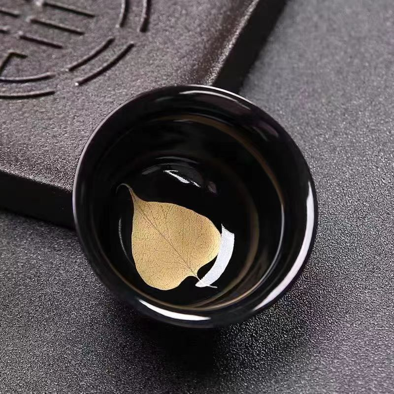 建盏乌金釉陶瓷主人杯金叶功夫茶杯四叶草银杏枫叶菩提叶