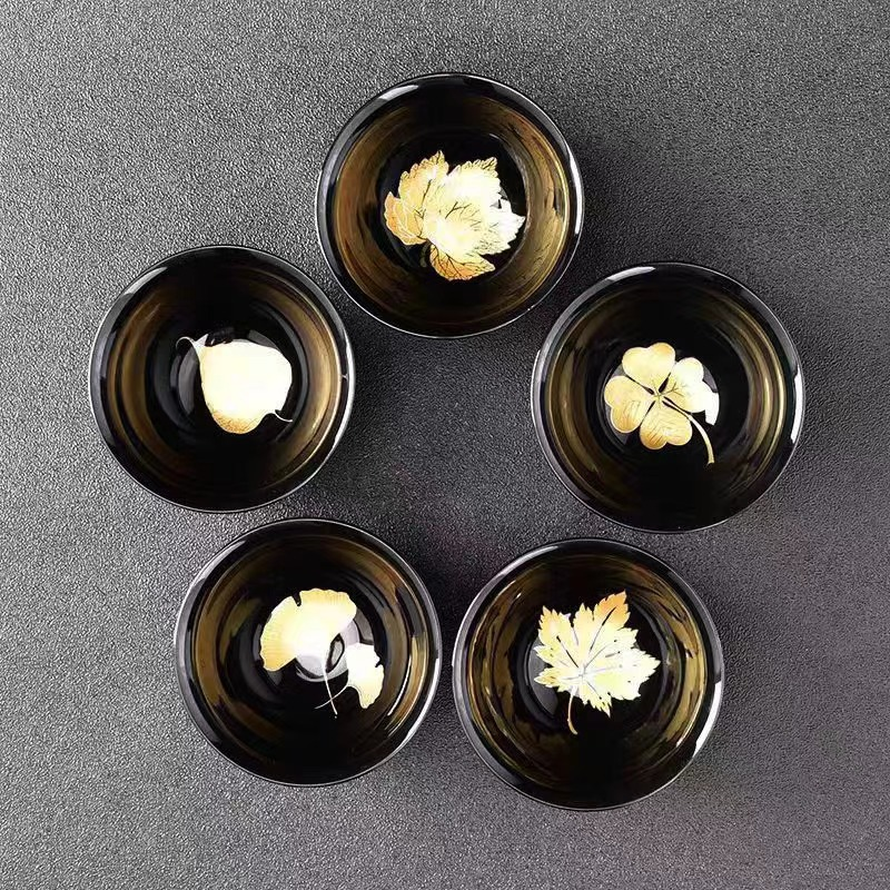 建盏乌金釉陶瓷主人杯金叶功夫茶杯四叶草银杏枫叶菩提叶
