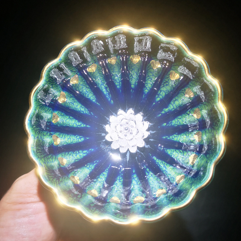 专供直播开窑建盏 国潮风窑变天目杯 镶银建盏主人杯 高档轻奢镀
