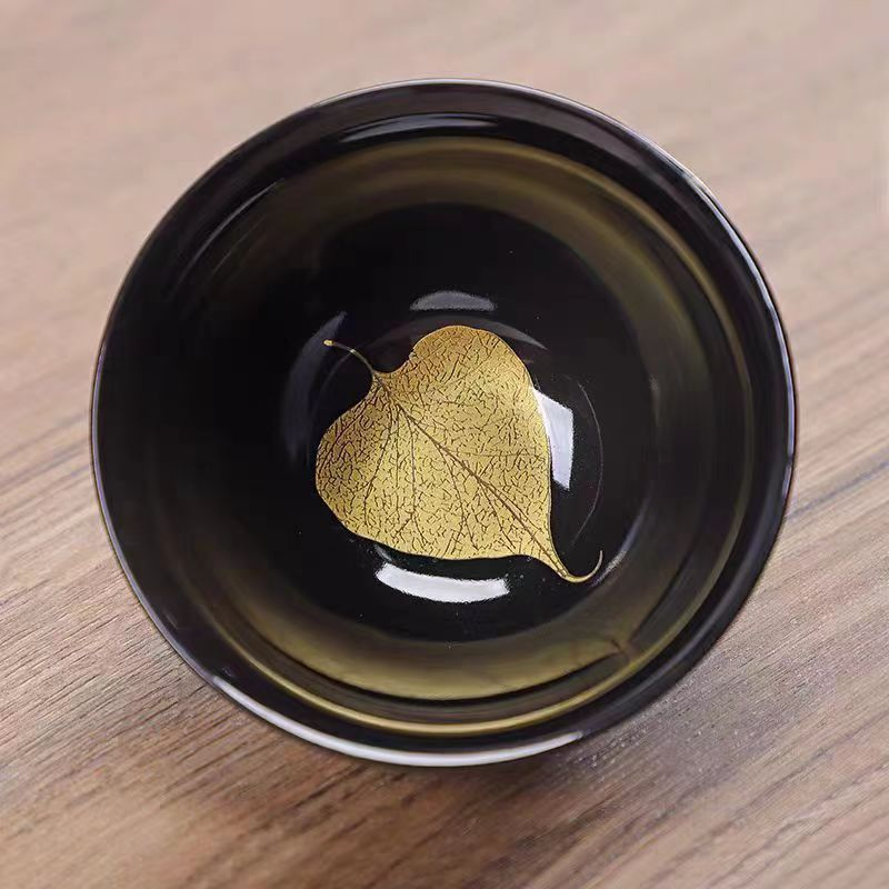 建盏乌金釉陶瓷主人杯金叶功夫茶杯四叶草银杏枫叶菩提叶