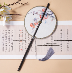 中国风古画长柄紫竹腰扇汉服搭配可折叠旋转长流苏团扇可换扇面