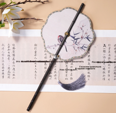 中国风古画长柄紫竹腰扇汉服搭配可折叠旋转长流苏团扇可换扇面