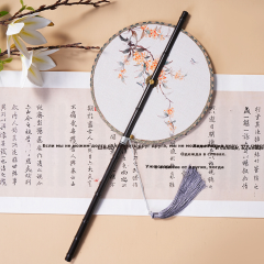 中国风古画长柄紫竹腰扇汉服搭配可折叠旋转长流苏团扇可换扇面