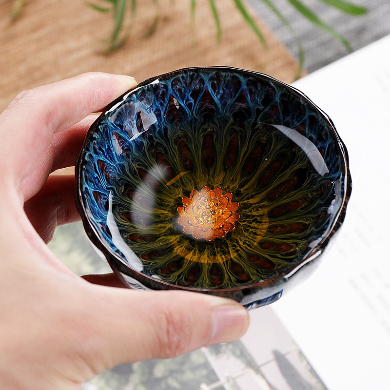 窑变镶银主人杯陶瓷花瓣品茗杯茶具茶盏单个茶碗家用功夫茶杯建盏
