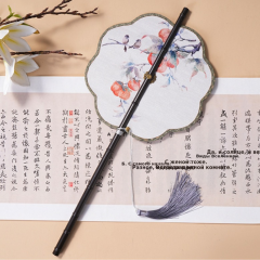 中国风古画长柄紫竹腰扇汉服搭配可折叠旋转长流苏团扇可换扇面