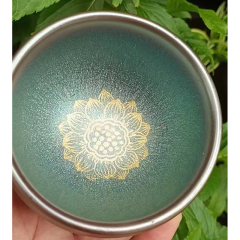 彩金糖果杯建盏铁胎主人杯小品茗杯复古陶瓷杯木叶手绘佛莲杯盖碗