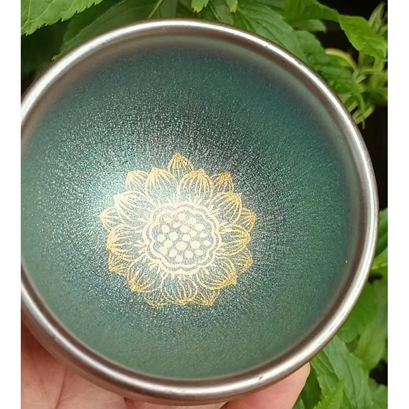彩金糖果杯建盏铁胎主人杯小品茗杯复古陶瓷杯木叶手绘佛莲杯盖碗