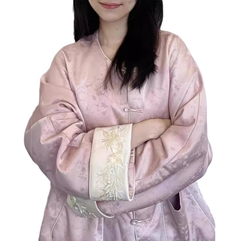 新中式轻国风改良粉色衬衫外套女秋季减龄新款超好看提花开衫上衣