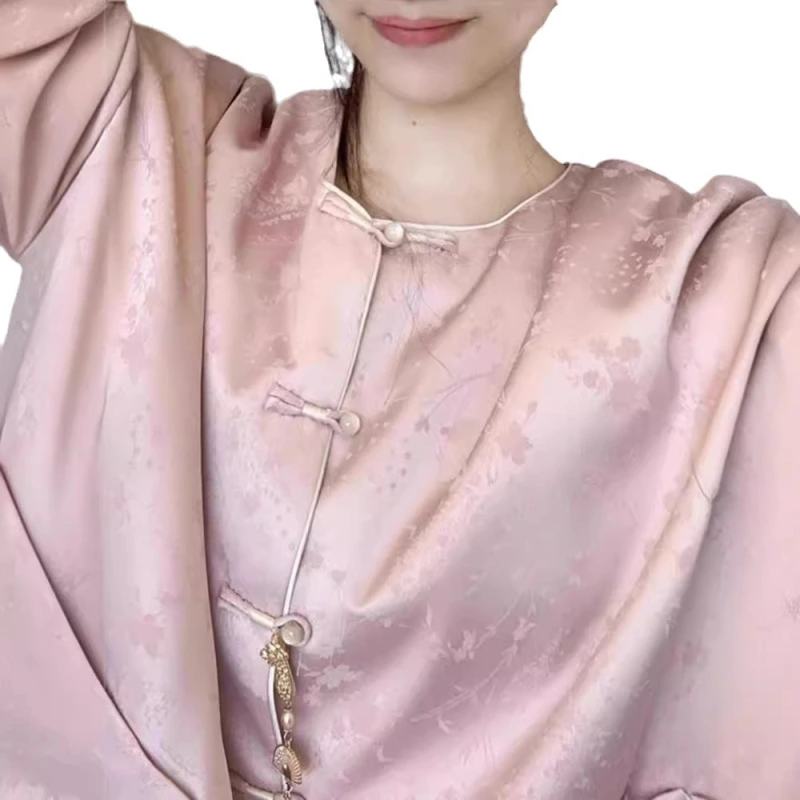 新中式轻国风改良粉色衬衫外套女秋季减龄新款超好看提花开衫上衣