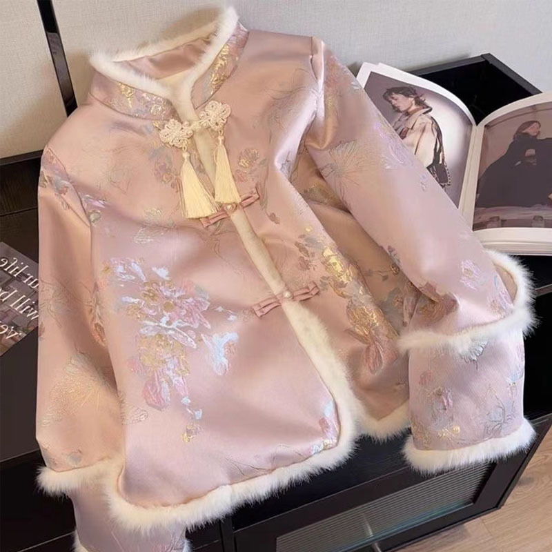 粉色新中式国风棉服外套女装大码冬加绒短款小香风盘扣刺绣花棉袄