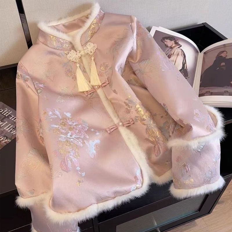 粉色新中式国风棉服外套女装大码冬加绒短款小香风盘扣刺绣花棉袄