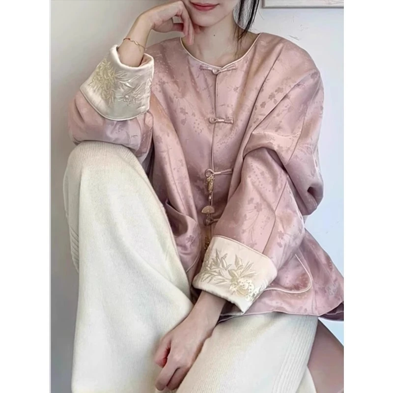 新中式轻国风改良粉色衬衫外套女秋季减龄新款超好看提花开衫上衣