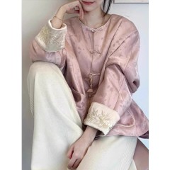 新中式轻国风改良粉色衬衫外套女秋季减龄新款超好看提花开衫上衣