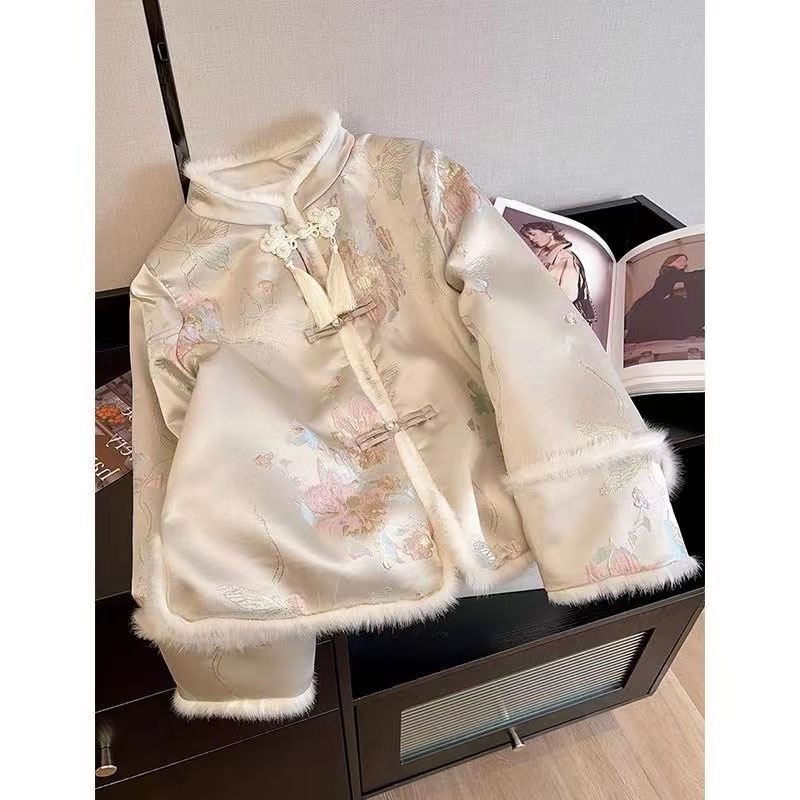 粉色新中式国风棉服外套女装大码冬加绒短款小香风盘扣刺绣花棉袄