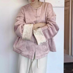 新中式轻国风改良粉色衬衫外套女秋季减龄新款超好看提花开衫上衣
