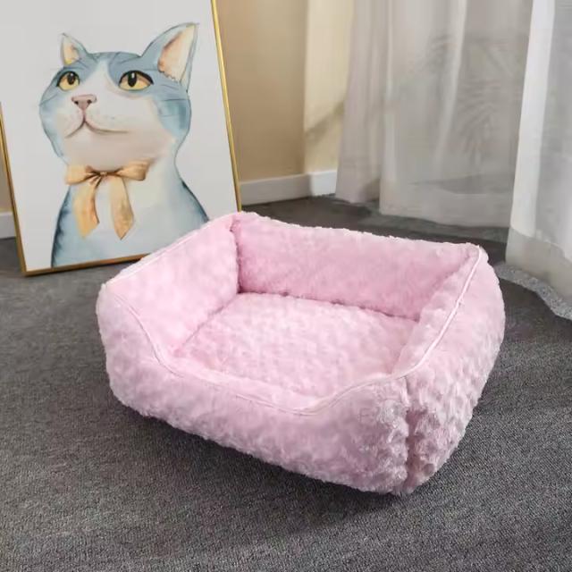 luxury pink washable removable square-shaped dog bed
