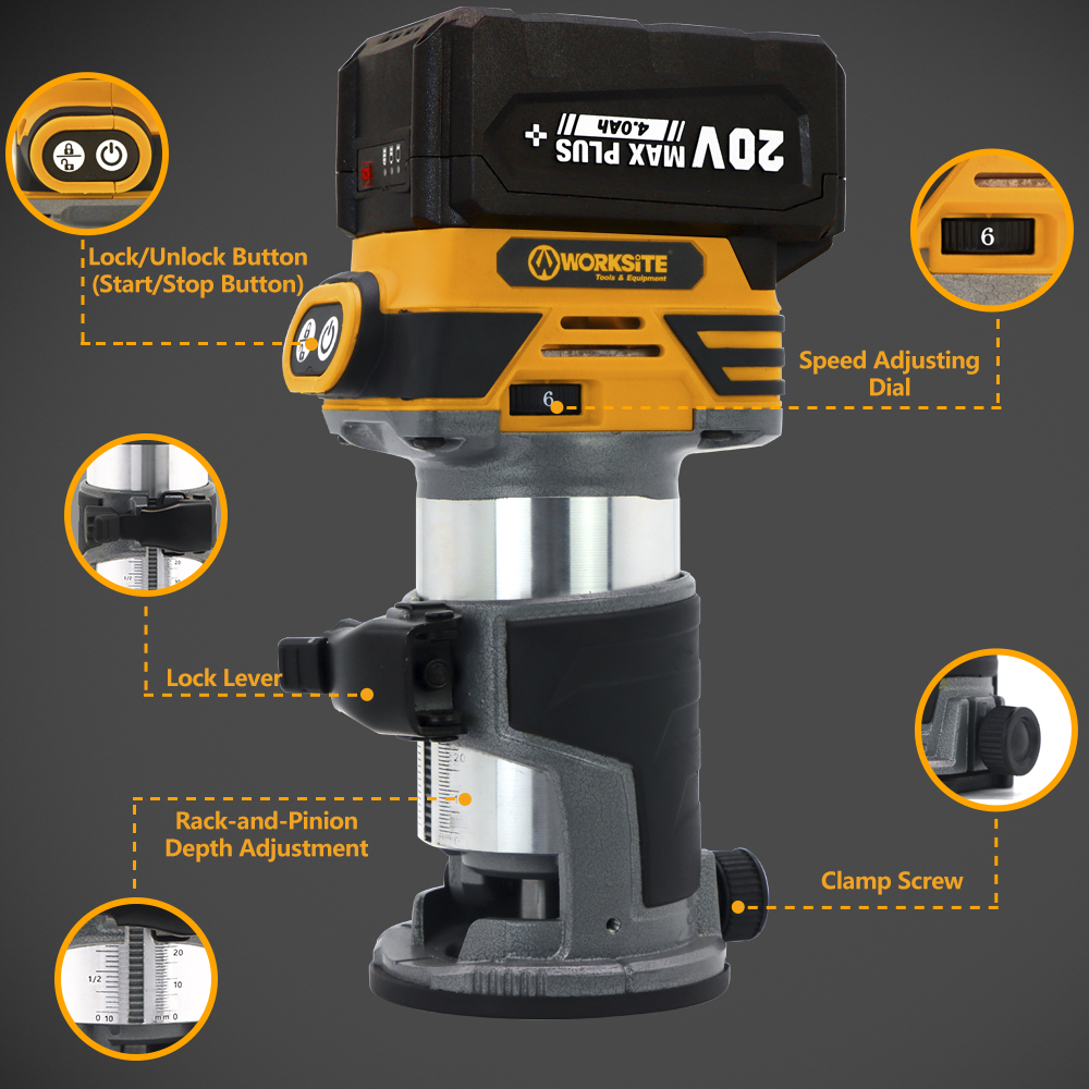 WORKSITE Brushless Cordless Router 20V Max Battery Compact Handheld Variable Speed Wood Drywall Trimmer Tool for Woodworking