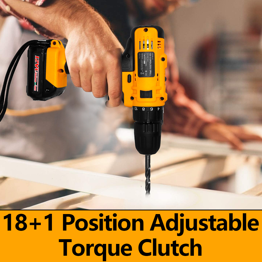 WORKSITE 12V Cordless Drill Kit 3/8" Keyless Portable Lightweight Handheld Wireless Battery Power Drills Set Tools