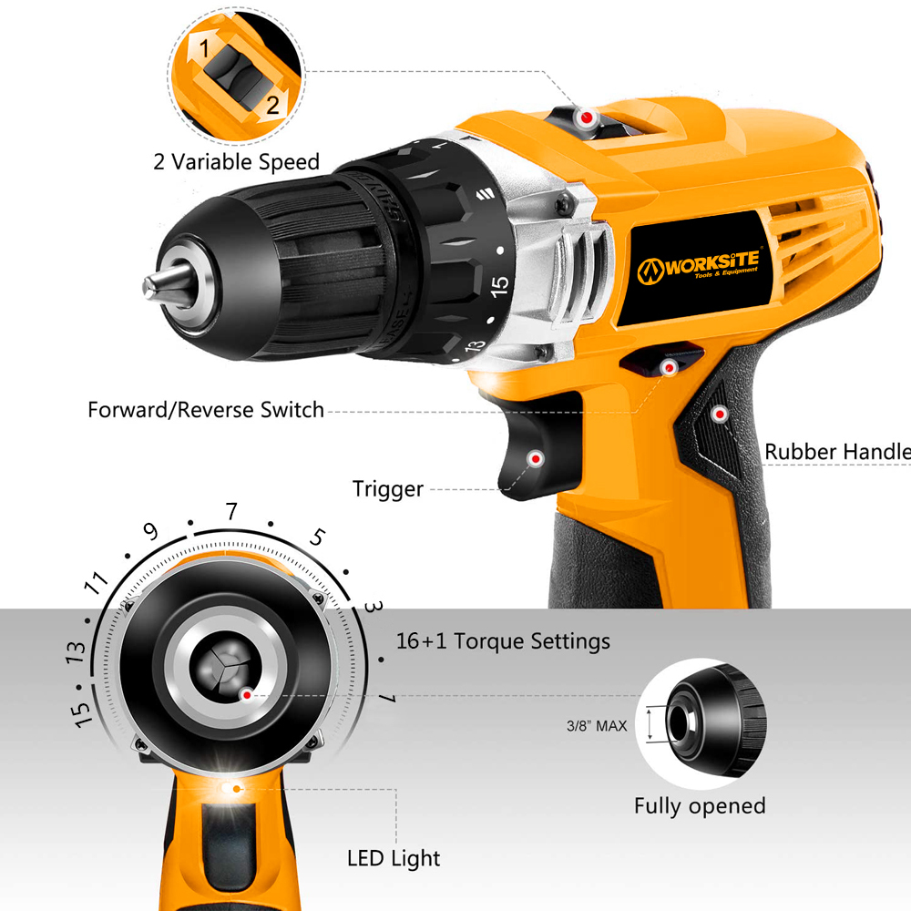 WORKSITE 12V Cordless Drill Kit 3/8" Keyless Portable Lightweight Handheld Wireless Battery Power Drills Set Tools