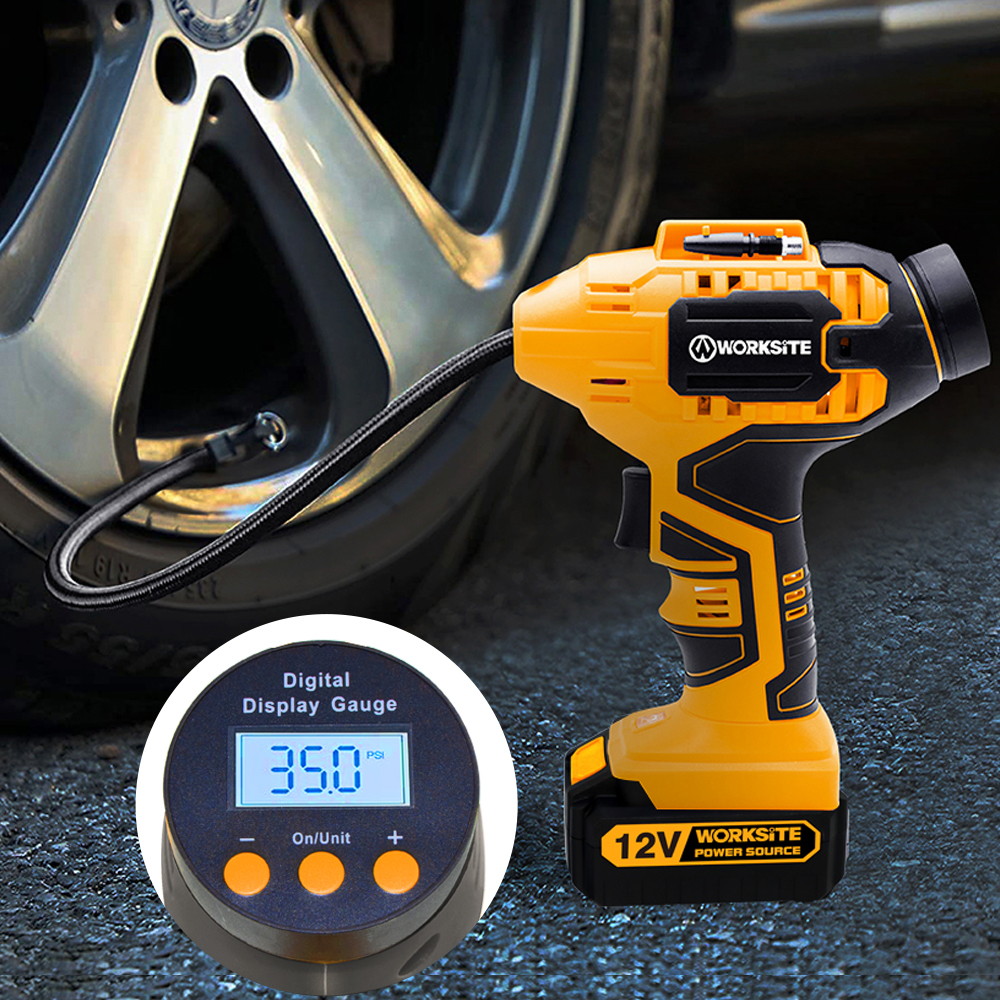 WORKSITE 12V Inflator Tire Gauge Gun Car Tyre Air Airbag Balloon Portable Pump Battery Power Cordless Digital Auto Inflator