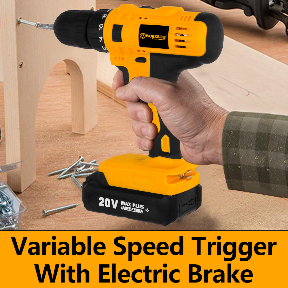 WORKSITE Cordless Drill Driver 20V Battery Power Drills 19+1 Chuck 30Nm Portable Handheld Rechargeable Drills