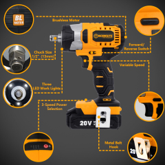 WORKSITE 20V Cordless Brushless Impact Wrench 1/2" Battery Power 250Nm Variable Speed High Torque Car Tire Wrenches