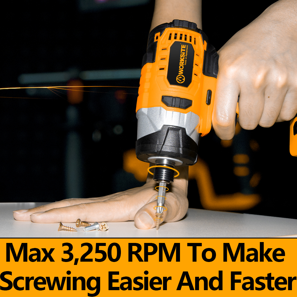 WORKSITE 20V Brushless Cordless Impact Driver 1/4" 3 Speed Battery Power Handheld Impact Screw Drivers Tools