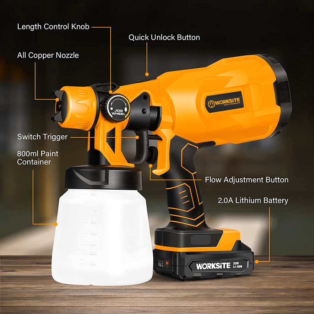 WORKSITE Cordless Sprayer Gun 20V Max Battery Portable 150W HVLP Paint Spray Guns 700ML Container for DIY Fence Chairs Painting