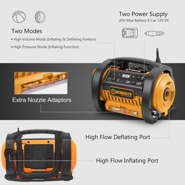 WORKSITE Inflator/Deflator Tyre Digital Pump Compressor Car Air Bed Inflator Pump Battery Power 20V Portable Cordless Inflator