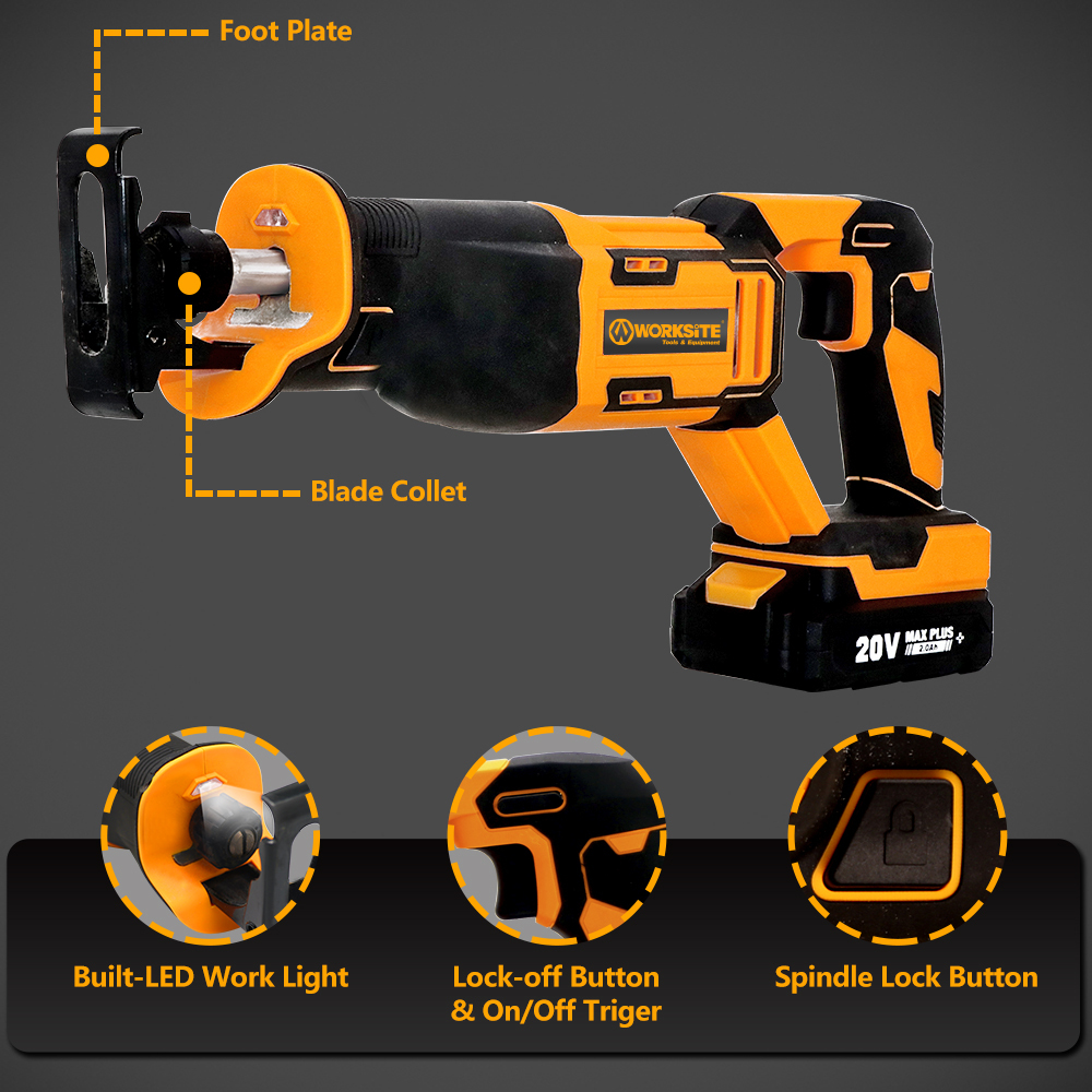 WORKSITE Cordless Reciprocating Saw 20V Max Battery Powered Compact Variable Speed Power Saw Tools for Wood Metal Cutting