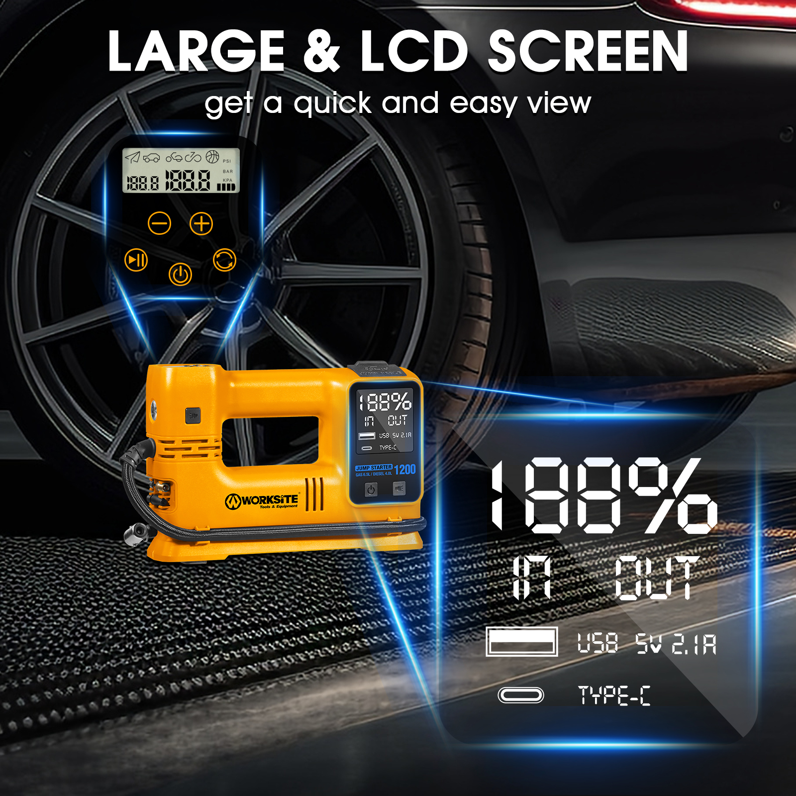 WORKSITE Jump Starter with Air Compressor,1200A Car Battery Booster Pack ,150PSI Tire Inflator,Portable Power Bank Charger,Emergency LED Lights