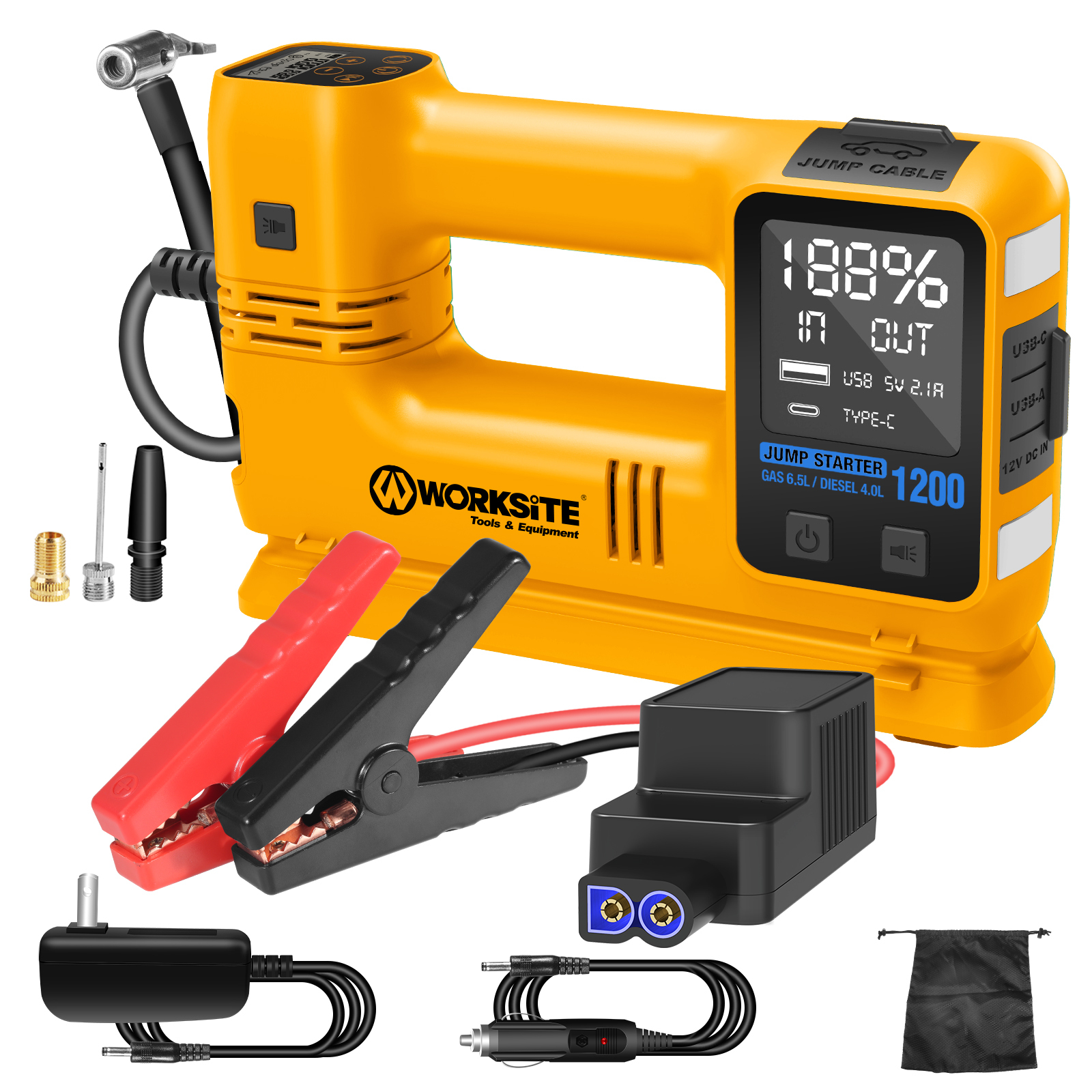 WORKSITE Jump Starter with Air Compressor,1200A Car Battery Booster Pack ,150PSI Tire Inflator,Portable Power Bank Charger,Emergency LED Lights
