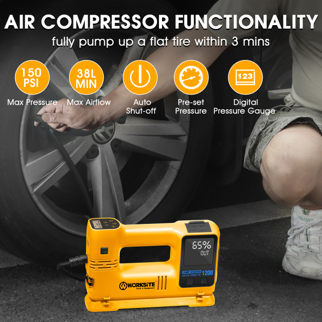 WORKSITE Jump Starter with Air Compressor,1200A Car Battery Booster Pack ,150PSI Tire Inflator,Portable Power Bank Charger,Emergency LED Lights