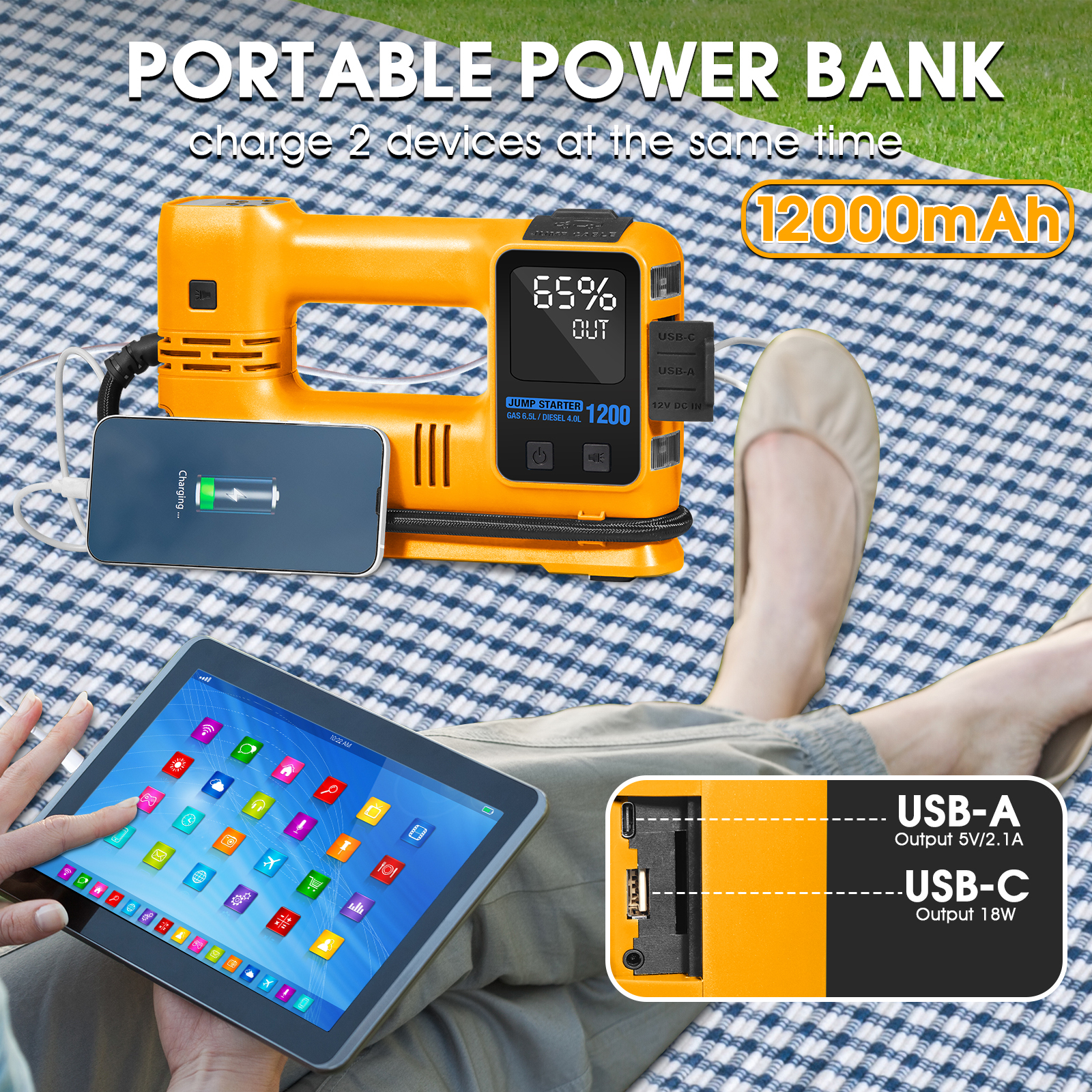 WORKSITE Jump Starter with Air Compressor,1200A Car Battery Booster Pack ,150PSI Tire Inflator,Portable Power Bank Charger,Emergency LED Lights