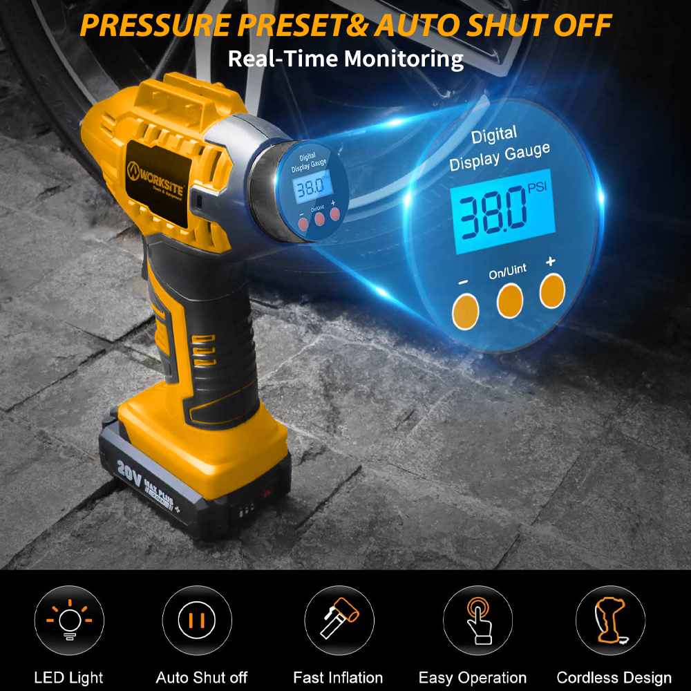 WORKSITE Inflator 20V Car Bike Tire Balloon Air Bed Inflator Pump Power Digital Portable Tyre Auto Cordless Inflator