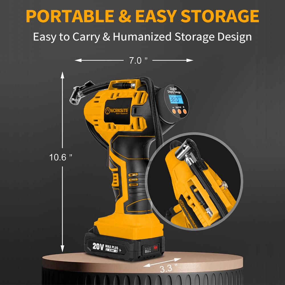 WORKSITE Inflator 20V Car Bike Tire Balloon Air Bed Inflator Pump Power Digital Portable Tyre Auto Cordless Inflator