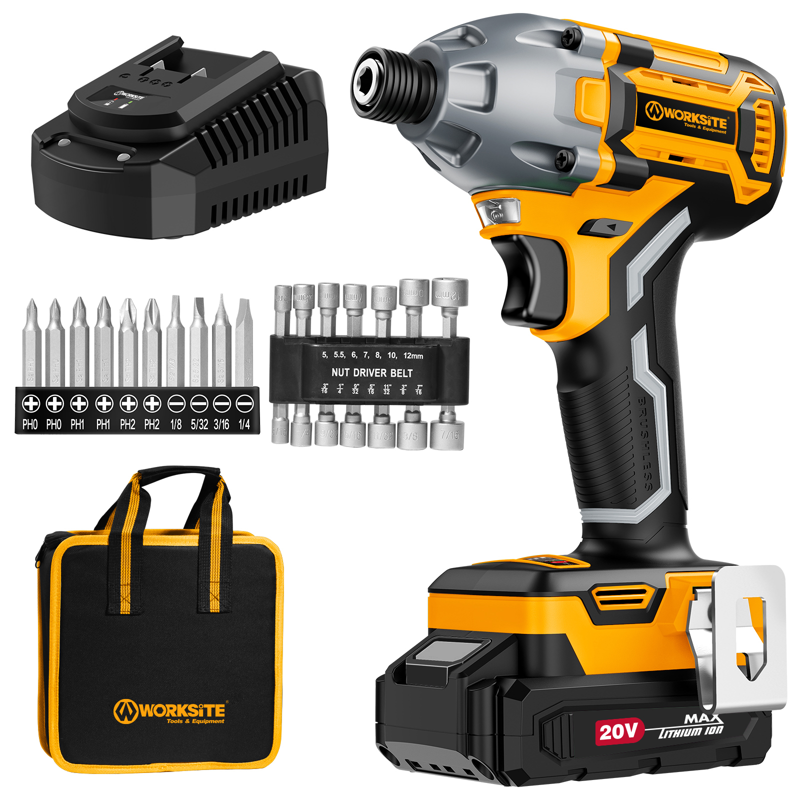 WORKSITE 20V Brushless Cordless Impact Driver 1/2" High Torque 300N.m Compact Handheld Variable Speed Electric Drivers