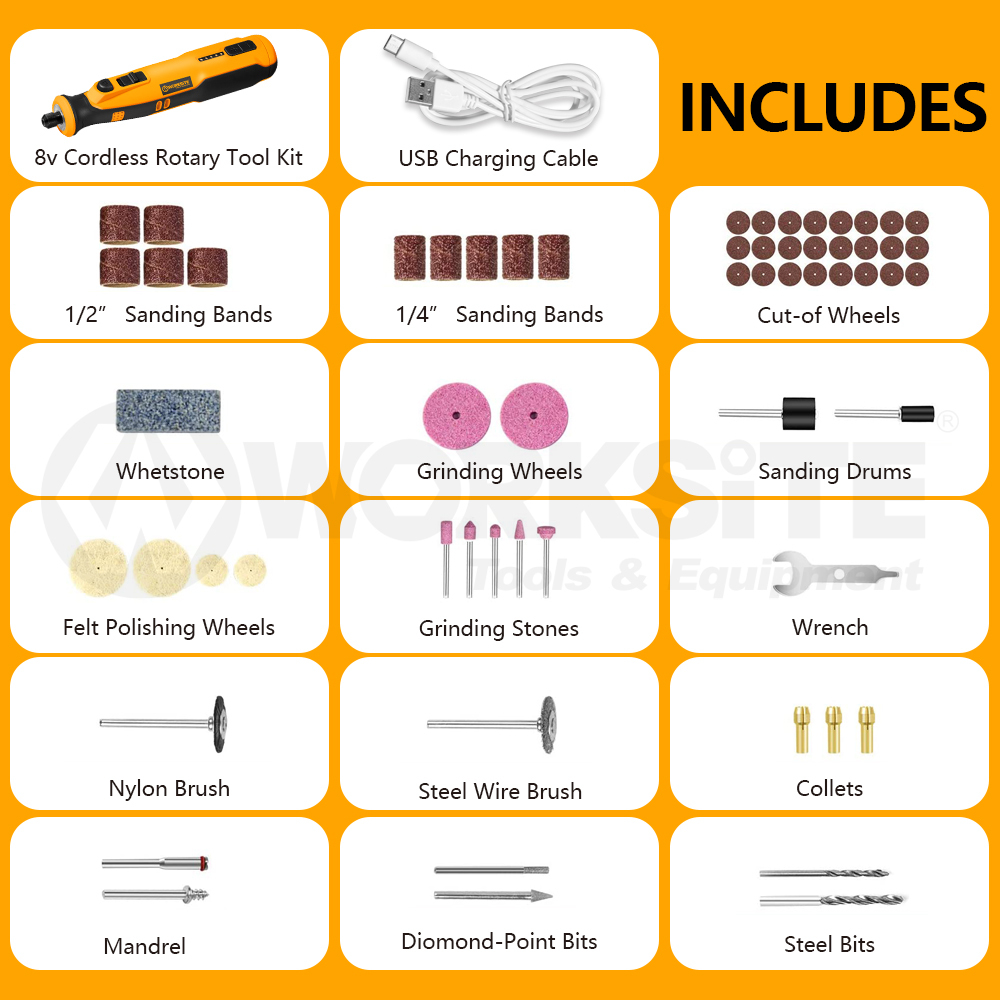 WORKSITE 8V Cordless Rotary Tool Mini Grinder Cutter Diamond Jewelry Wood Variable Speed Rotary Cutting Polishing Tools