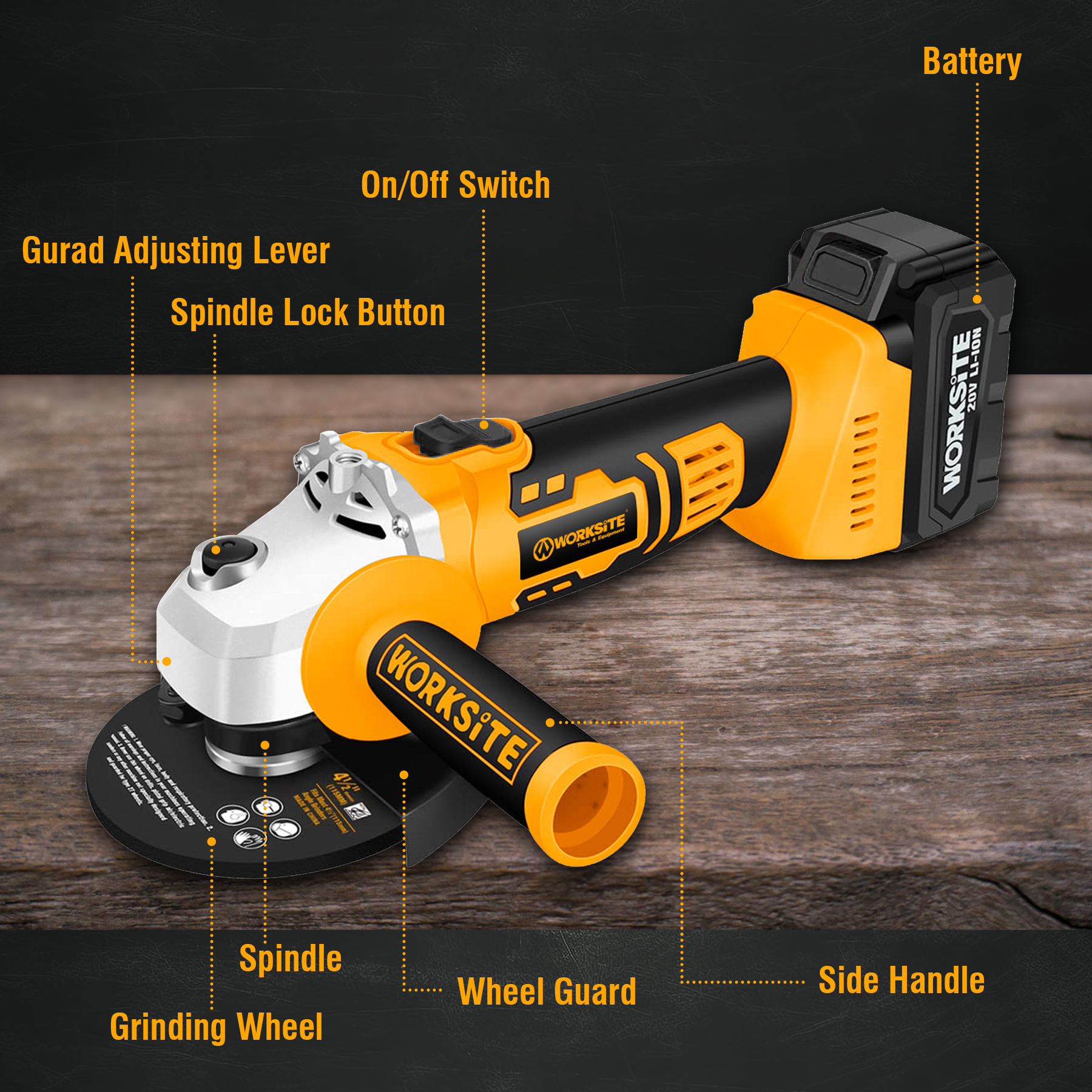 WORKSITE Cordless Angle Grinder 4-1/2inch(115mm )Variable 20V Max Battery Power Portable Handheld Cutting Grinding Grinders Tools