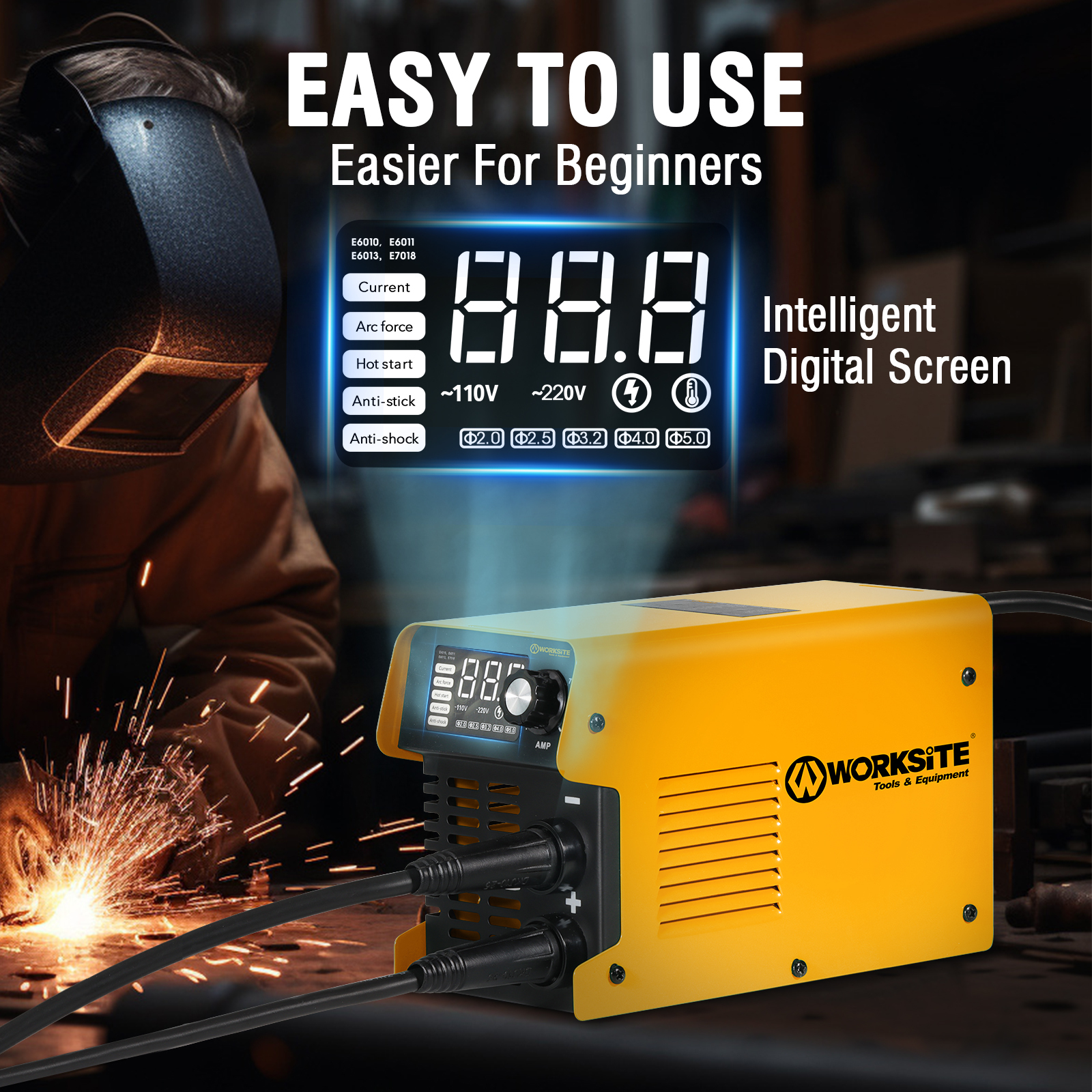 WORKSITE MMA Welder 130A,110/220V Portable ARC Welding Machine IGBT Inverter Digital LCD Display Hot Start Metal Welders for Home Use