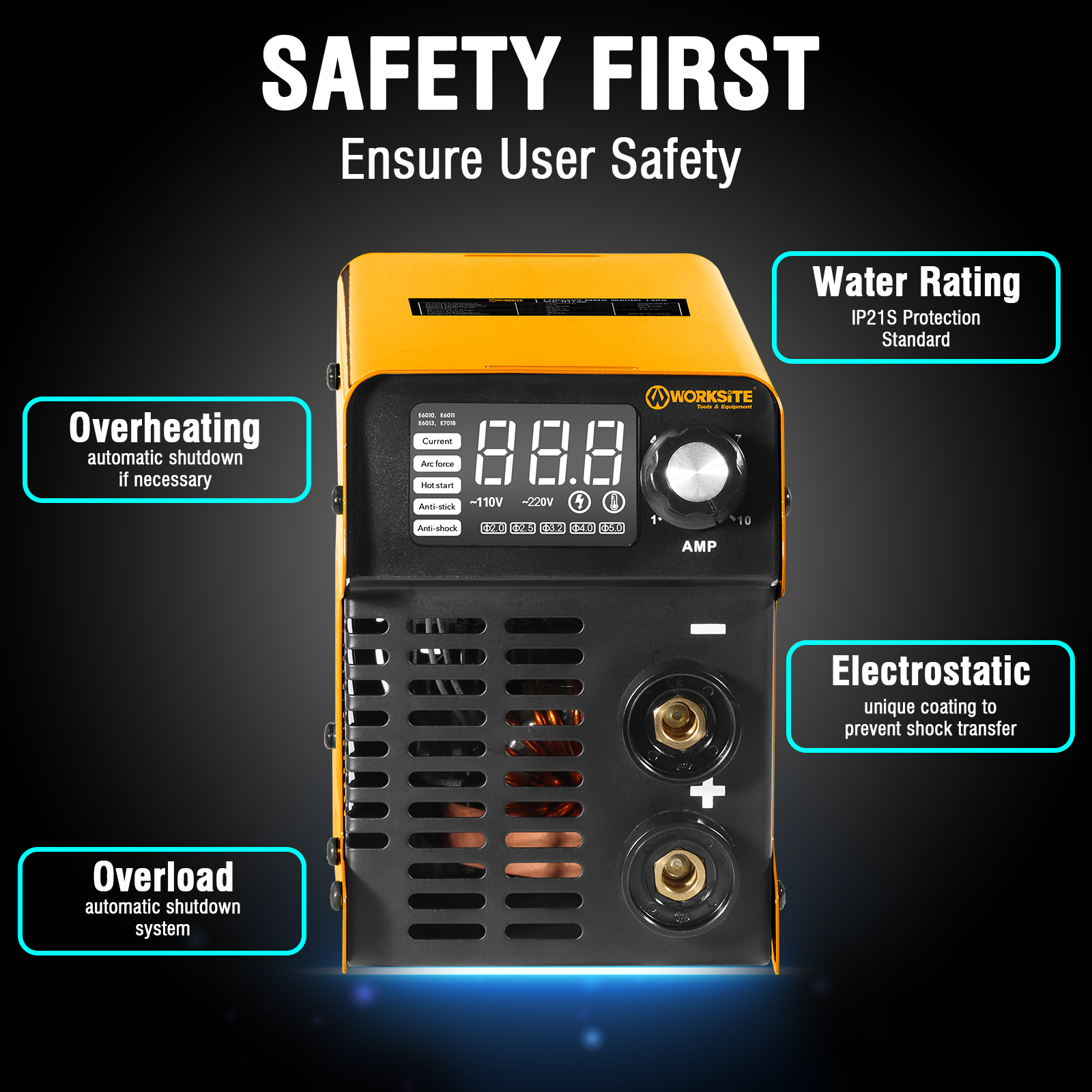 WORKSITE MMA Welder 130A,110/220V Portable ARC Welding Machine IGBT Inverter Digital LCD Display Hot Start Metal Welders for Home Use