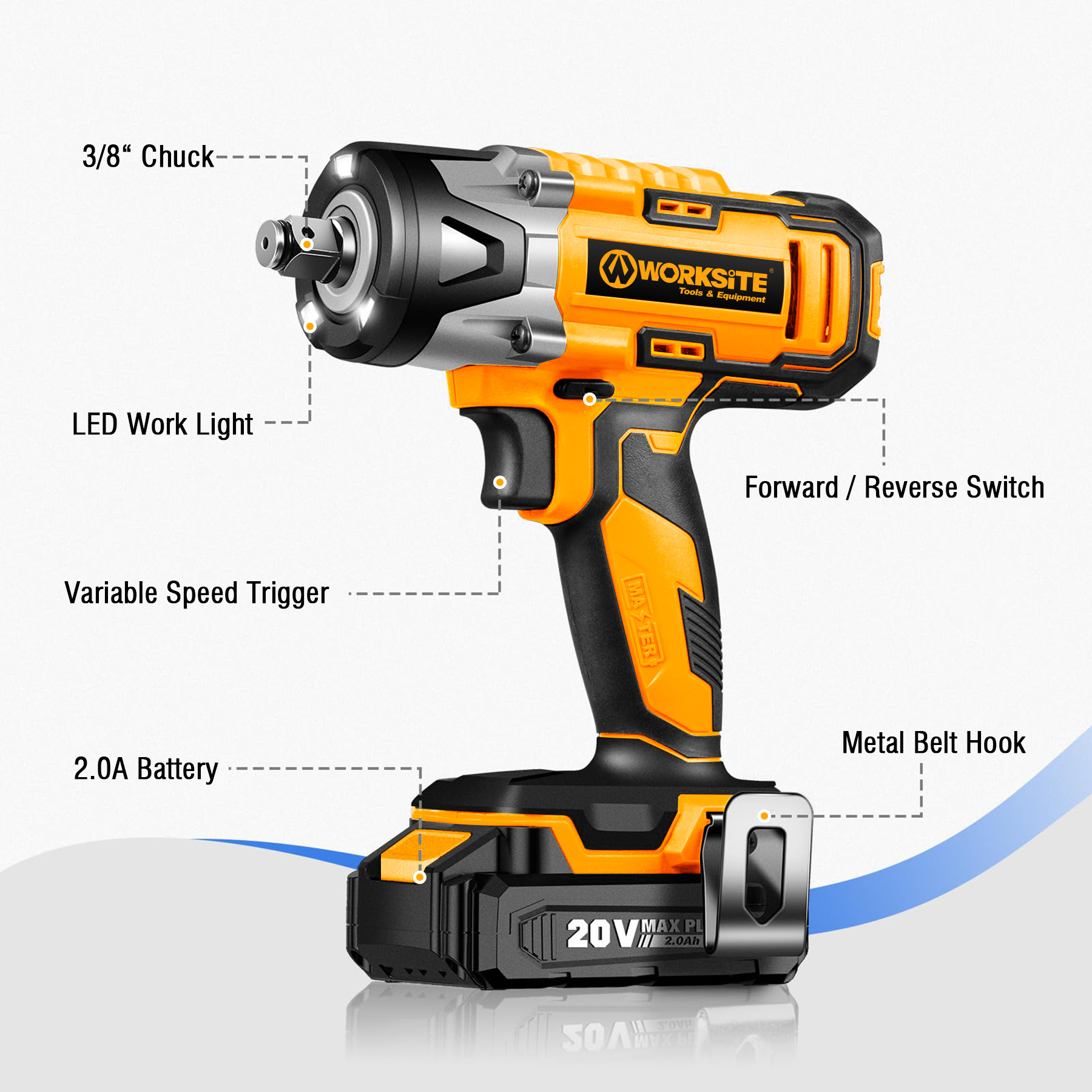 WORKSITE 20V Cordless Impact Wrench 1/2" 330Nm Heavy Duty Portable Battery Rechargeable Handheld Power Lug Nuts Wrenches