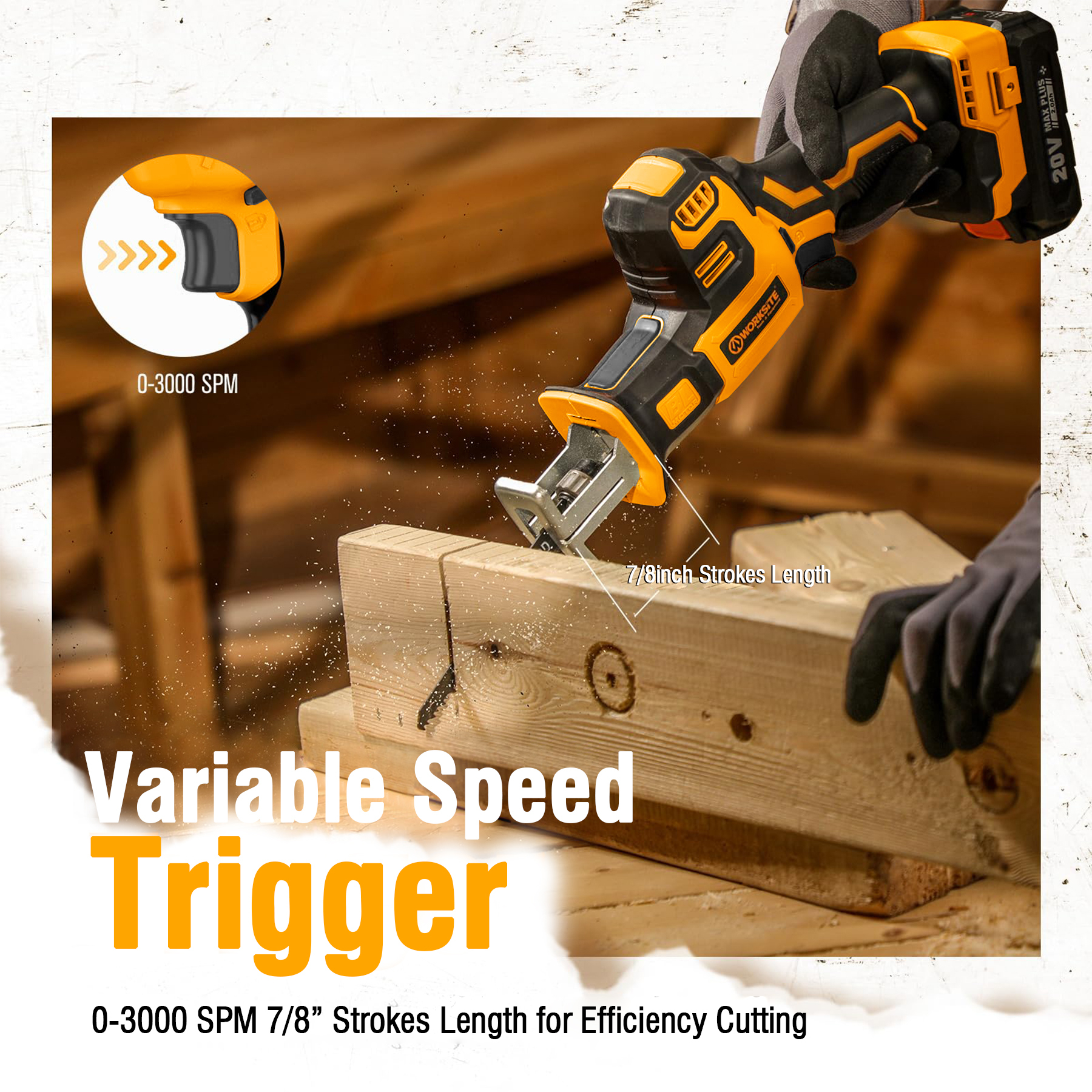 WORKSITE Brushless Cordless Reciprocating Saw 20V Max Compact Portable Small Variable Speed Power Cutter Saws for Wood Metal Cutting