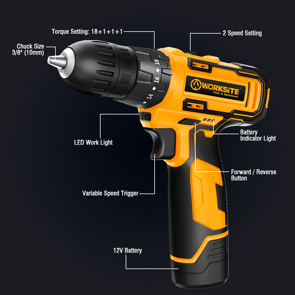 WORKSITE 8V Cordless Drill 3/8" Compact Keyless Portable Lightweight Wireless Electric Battery Power Drills Driver