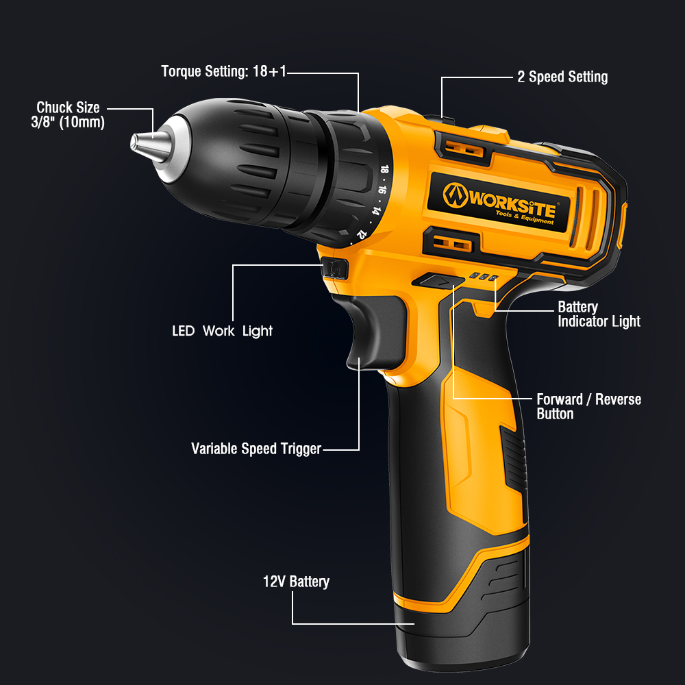 WORKSITE 8V Cordless Drill 3/8" Compact Keyless Portable Lightweight Wireless Electric Battery Power Drills Driver