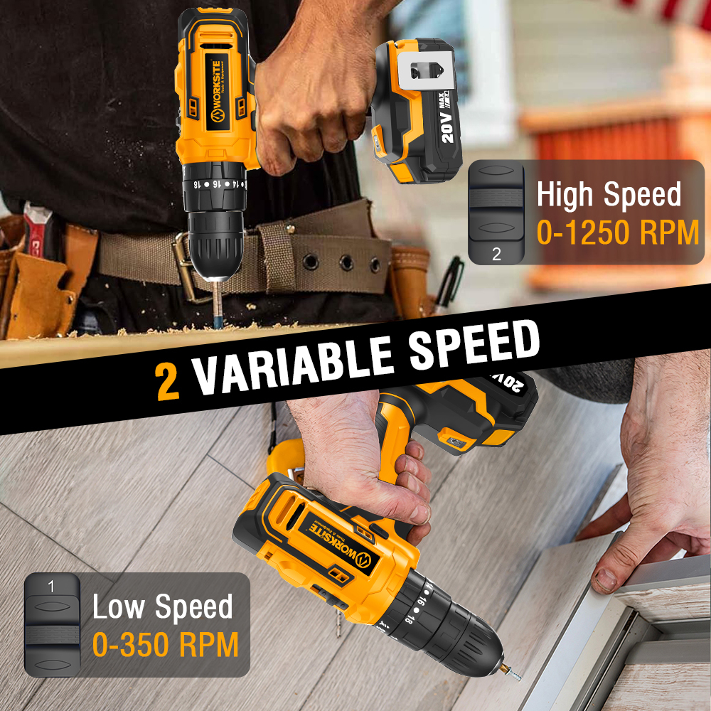 WORKSITE Brushless 1/2" Cordless Drill 20V Wireless Battery Power 50Nm Keyless Hammer Drills with BMC Case