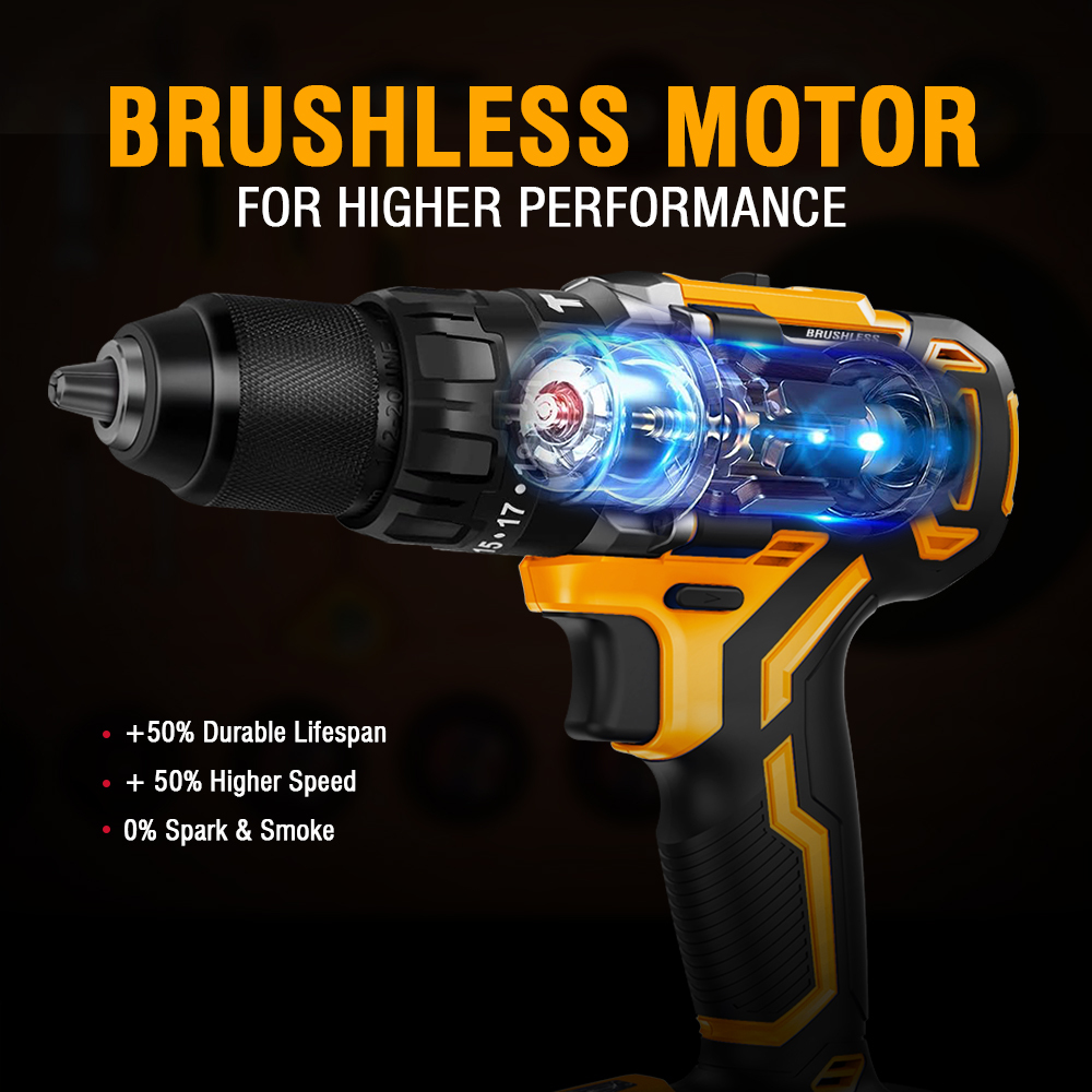 WORKSITE 1/2" Brushless Powerful Cordless Drill 20V Battery Wireless Handheld Portable Power Hammer Electric Drills