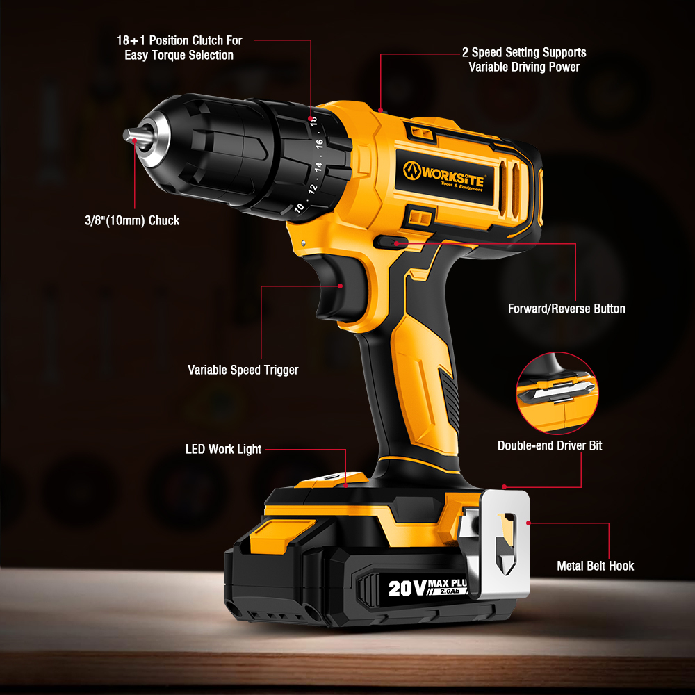 WORKSITE Cordless Drill Kit 110PCS 3/8" 20V Wireless Compact Handheld Keyless Electric Drills Tools Kits with Case